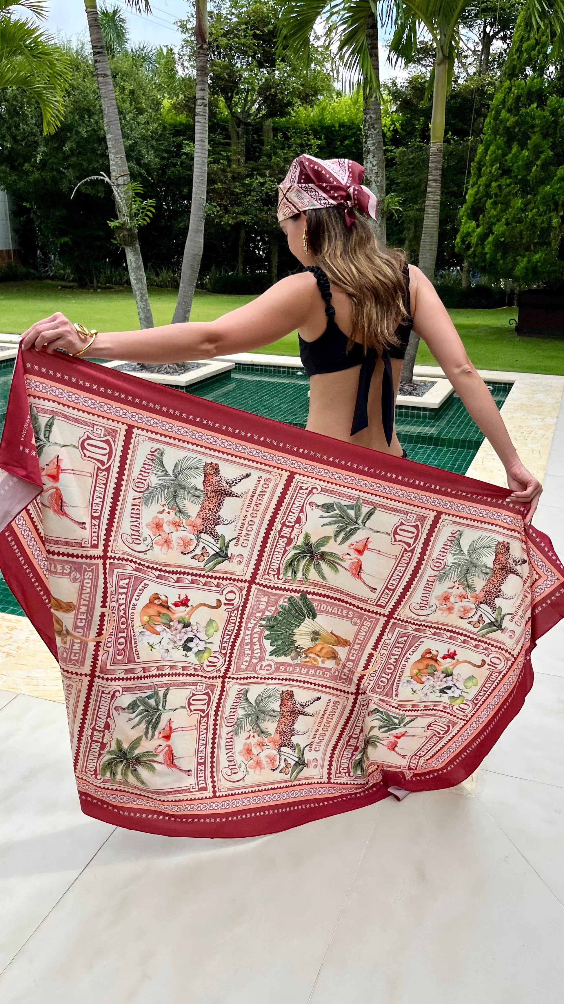 Red Wine Stamps Beach Wrap Flor Amazona Colombia